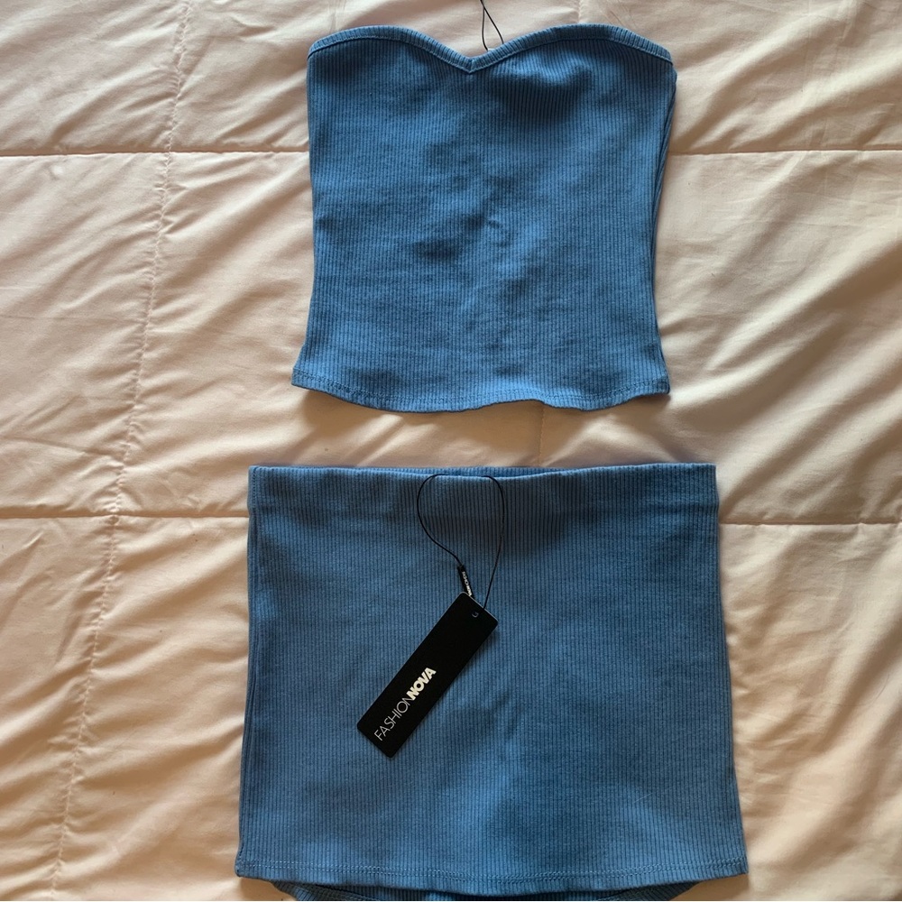 NWT Fashion Nova Snatched Dusty Blue Mini Skirt Tube Top Set
